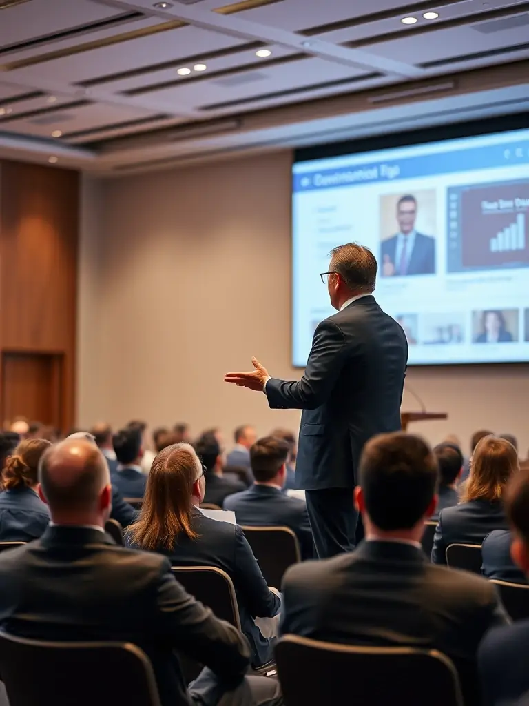 A speaker on stage at a ProConnect conference, delivering a keynote address to an attentive audience of business professionals.