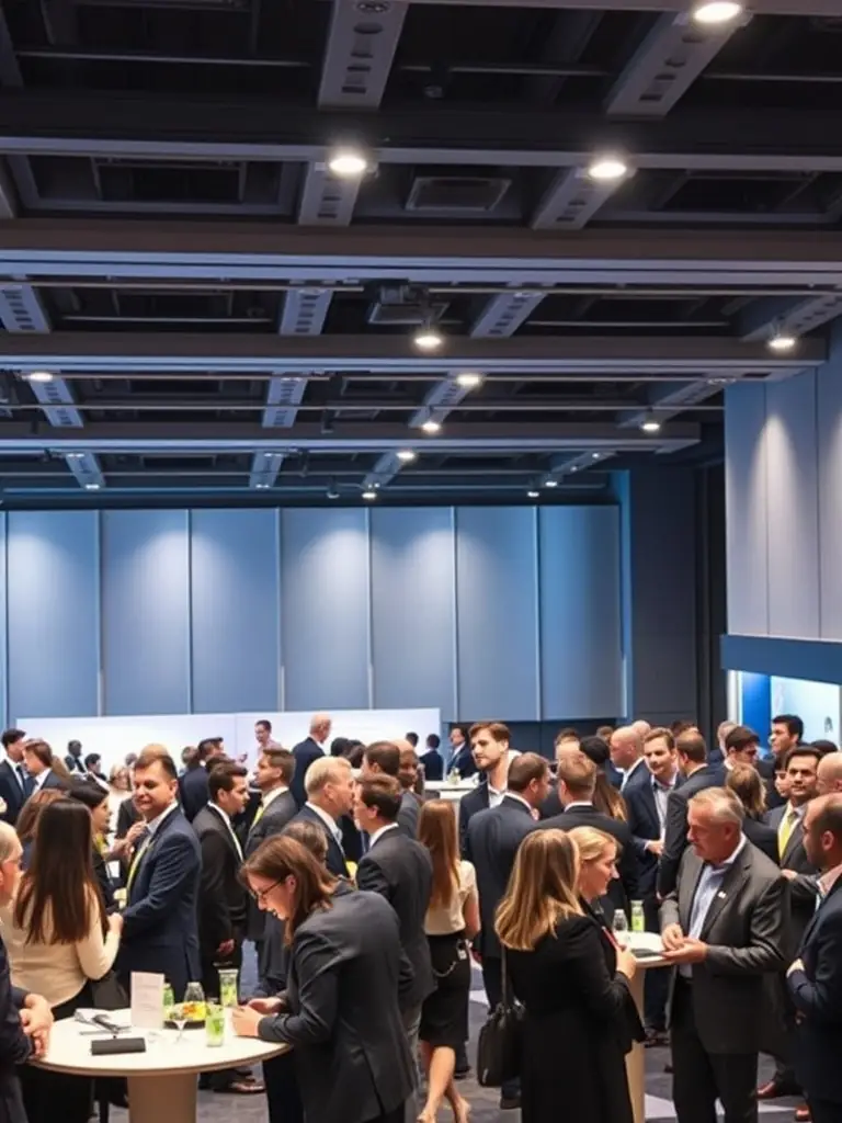 A diverse group of professionals actively networking during a ProConnect conference, exchanging business cards and engaging in lively conversations.