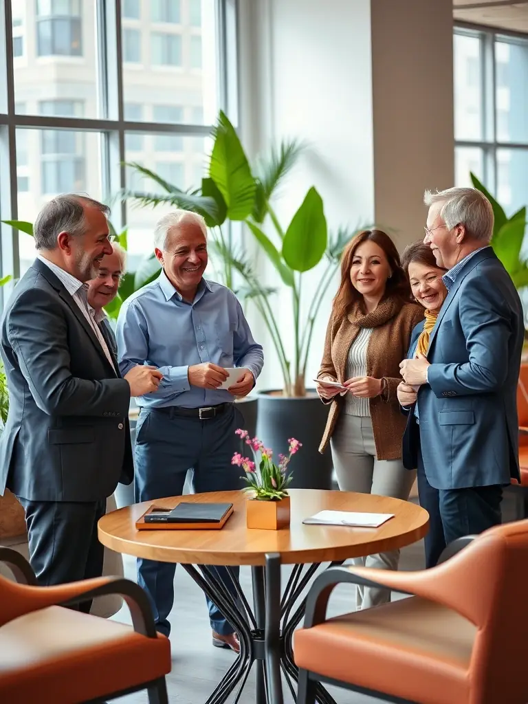 A dynamic image of a networking event with professionals exchanging business cards and engaging in conversation.