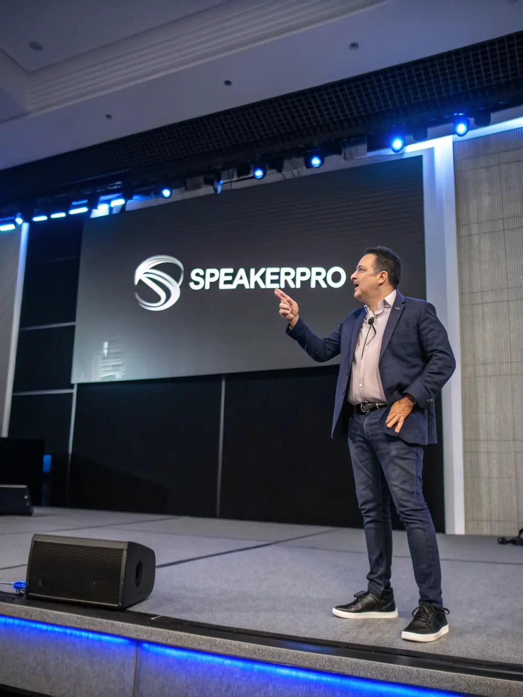 A professional shot of a keynote speaker delivering an inspiring speech at a business conference.